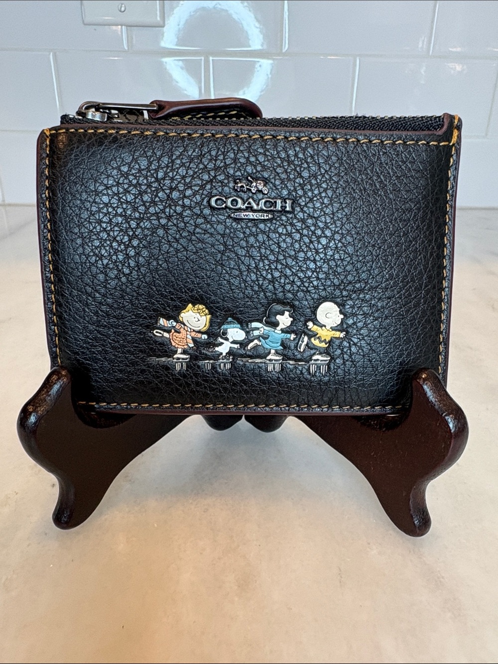 Vintage Coach x Peanuts Snoopy Mini ID Wallet Keychain Black Leather NWOT